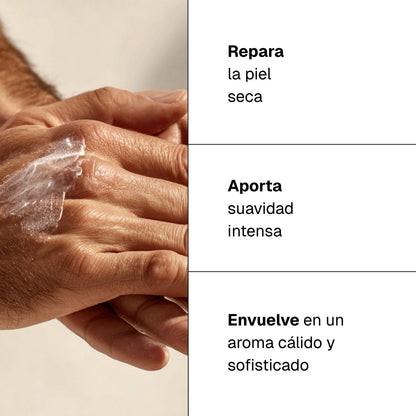 Crema de manos piel sedosa especias y sándalo